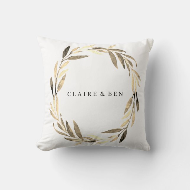 Modern Golden Leaf Wreath Wedding Engagement Party Throw Pillow (Front)