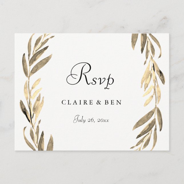 Modern Golden Leaf Wreath Wedding RSVP Postcard (Front)