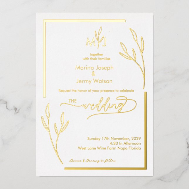 Modern Golden Leaflet Border Minimalist Monogram Foil Invitation (Front)