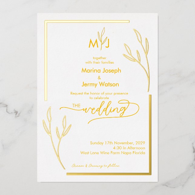 Modern Golden Leaflet Border Monogram Scripted  Foil Invitation (Front)