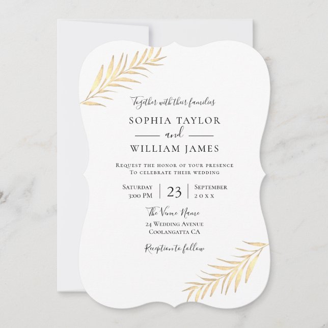 Modern Golden Leaves All Seasons Wedding Invitation (Front)