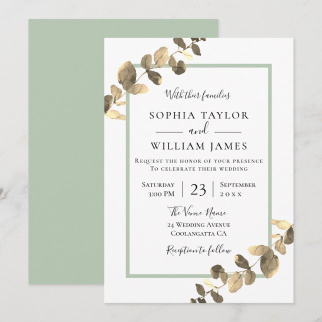Modern Golden Leaves Greenery Border Wedding Invitation (Front/Back)