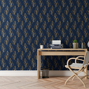 Modern Golden Leaves Royal Blue Botanical Pattern Wallpaper