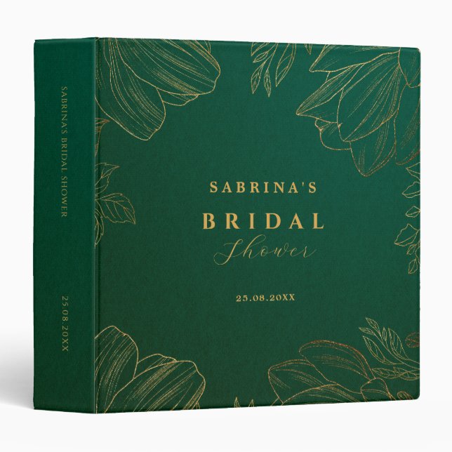Modern Golden Nature Floral Green Bridal Shower  3 Ring Binder (Front/Spine)