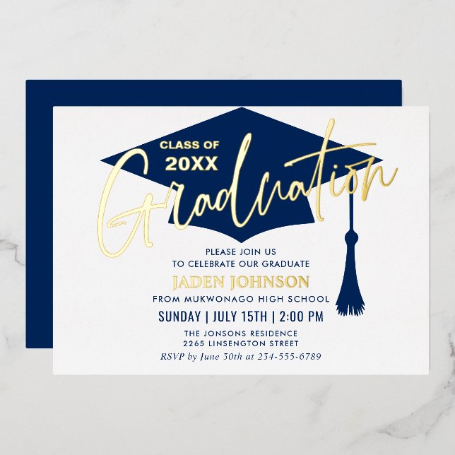 Modern Golden Navy Blue Graduation Party Foil Foil Invitation (Front/Back)
