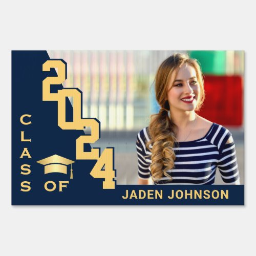 Modern Golden Navy Blue Graduation Photo Yard Sign