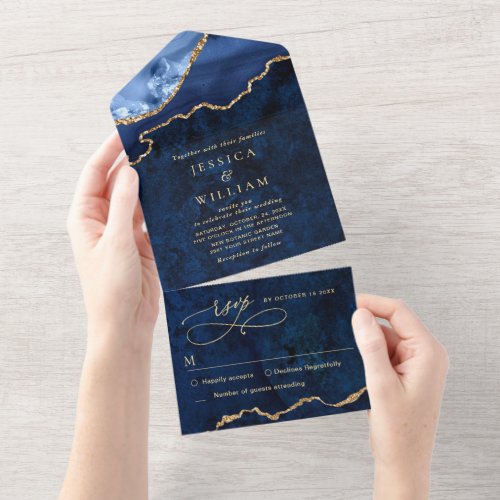 Modern Golden Navy Blue Marble Agate Wedding All In One Invitation