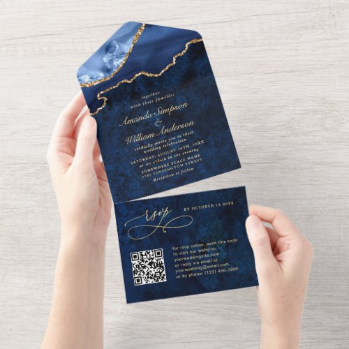 Modern Golden Navy Blue Marble Agate Wedding All In One Invitation