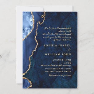 Modern Golden Navy Blue Marble Agate Wedding Invitation
