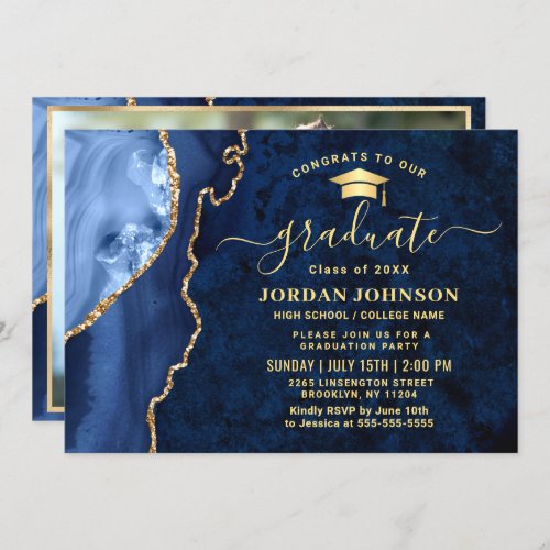 Modern Golden Navy Blue Marble Graduation Party In Invitation - Modern Golden Navy Blue Marble Graduation Party Invitation. 
 For further customization, please click the "customize further" link and use our design tool to modify this template. 
 If you prefer Thicker papers / Matte Finish, you may consider to choose the Matte Paper Type.