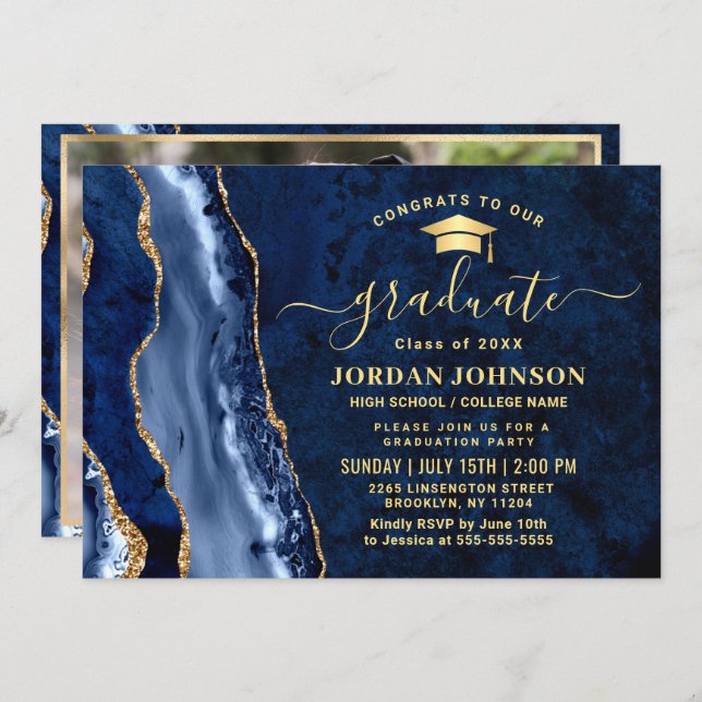 Modern Golden Navy Blue Marble Graduation Party Invitation (Front/Back)