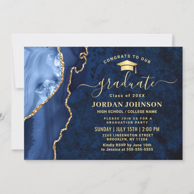 Modern Golden Navy Blue Marble Graduation Party Invitation (Front)