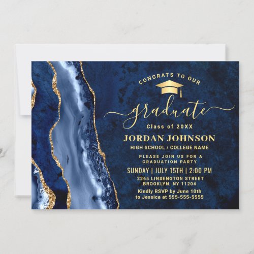 Modern Golden Navy Blue Marble Graduation Party Invitation - Modern Golden Navy Blue Marble Graduation Party Invitation. 
 For further customization, please click the "customize further" link and use our design tool to modify this template. 
 If you prefer Thicker papers / Matte Finish, you may consider to choose the Matte Paper Type.