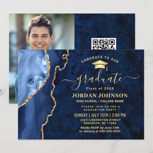 Modern Golden Navy Blue Marble Graduation Party Invitation (Front/Back)