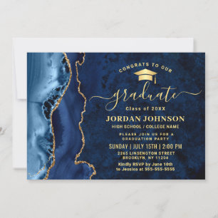 Modern Golden Navy Blue Marble Graduation Party Invitation
