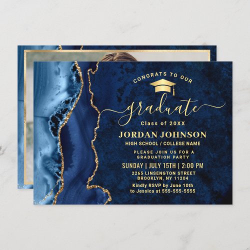 Modern Golden Navy Blue Marble Graduation Party Invitation