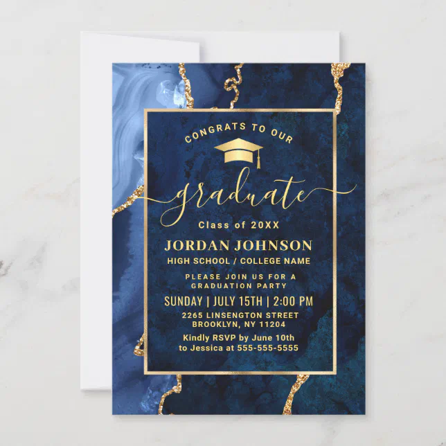 Modern Golden Navy Blue Marble Graduation Party Invitation | Zazzle