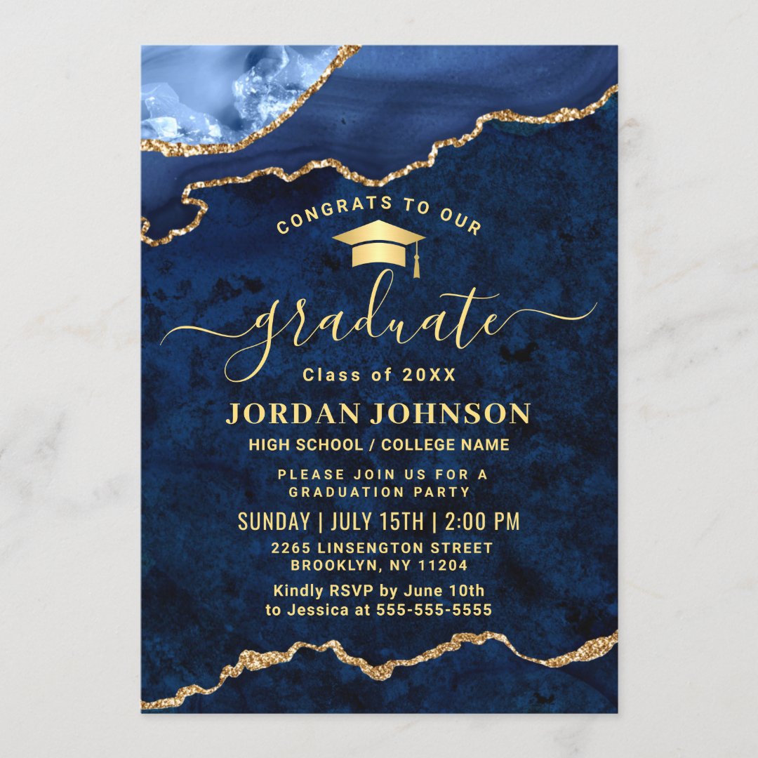 Modern Golden Navy Blue Marble Graduation Party Invitation | Zazzle