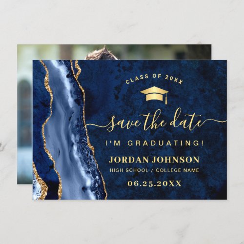 Modern Golden Navy Blue Marble Graduation Photo Save The Date