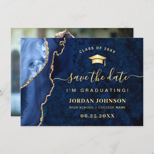 Modern Golden Navy Blue Marble Graduation Photo Save The Date