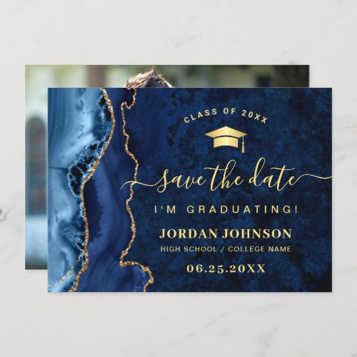 Modern Golden Navy Blue Marble Graduation Photo Save The Date