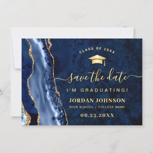 Modern Golden Navy Blue Marble Graduation QR code Save The Date