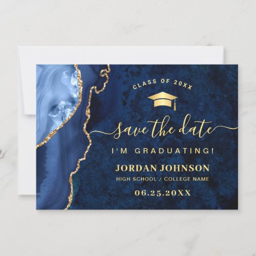 Modern Golden Navy Blue Marble Graduation QR code Save The Date