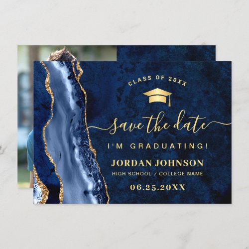 Modern Golden Navy Blue Marble Graduation QR code Save The Date