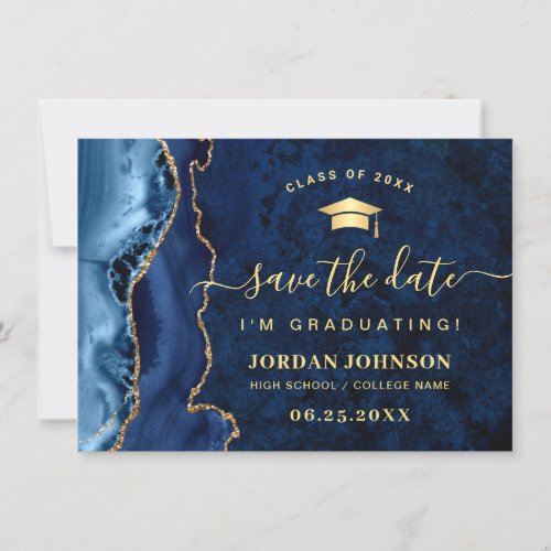 Modern Golden Navy Blue Marble Graduation QR code Save The Date