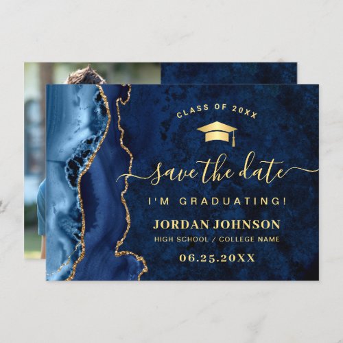 Modern Golden Navy Blue Marble Graduation QR code Save The Date