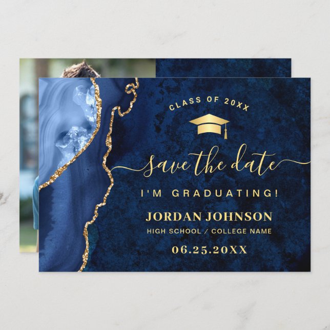 Modern Golden Navy Blue Marble Graduation QR Save The Date (Front/Back)