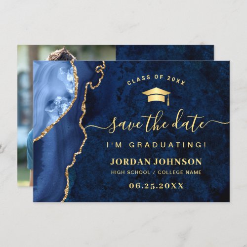 Modern Golden Navy Blue Marble Graduation QR Save The Date