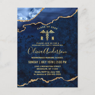 Modern Golden Navy Blue RN Graduation Party Announcement Postcard
