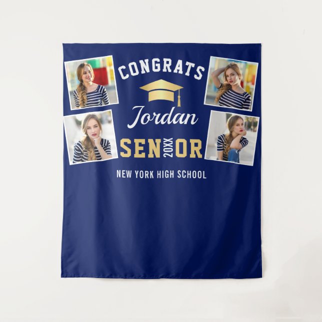 Modern Golden Navy Graduation Photo Booth Backdrop (Front)