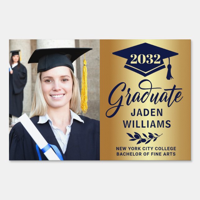 Modern Golden Navy PHOTO Graduation Banner Yard Sign (Front)