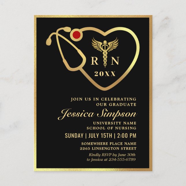 Modern Golden Nursing Graduation Party Invitation Postcard (Front)