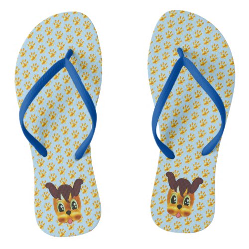 Modern Golden Paws on Light Blue Flip Flops