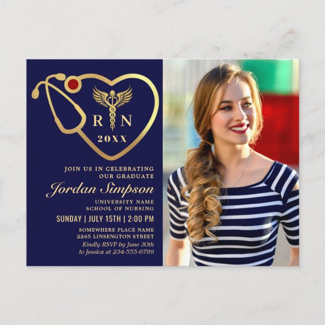 Modern Golden PHOTO Nursing Graduation Invitation Postcard (Front)
