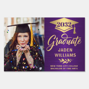 Modern Golden Purple PHOTO Graduation Banner Yard Sign