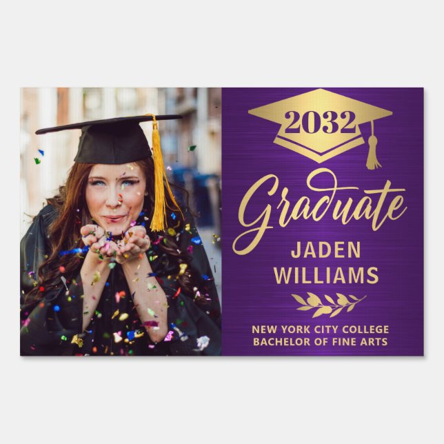Modern Golden Purple PHOTO Graduation Banner Yard Sign (Front)