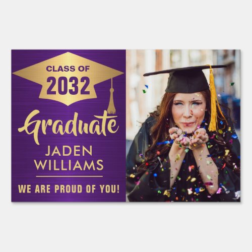 Modern Golden Purple PHOTO Graduation Banner Yard Sign