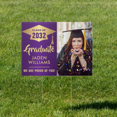 Modern Golden Purple PHOTO Graduation Banner Yard Sign