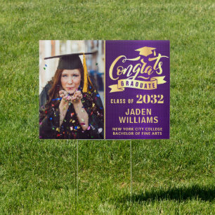 Modern Golden Purple PHOTO Graduation Banner Yard Sign