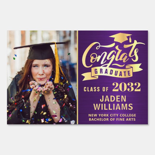 Modern Golden Purple PHOTO Graduation Banner Yard Sign (Front)