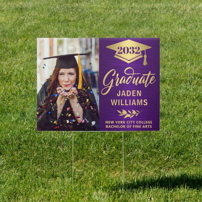Modern Golden Purple PHOTO Graduation Banner Yard Sign (Insitu)