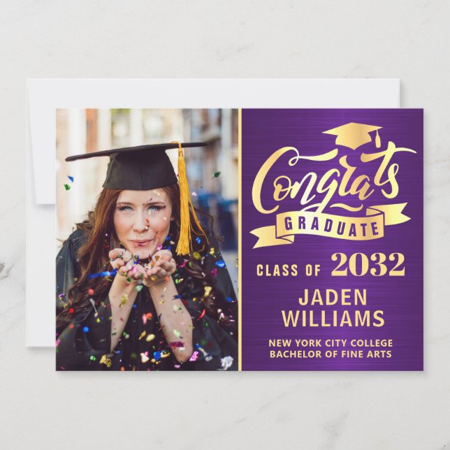 Modern Golden Purple PHOTO Graduation Invitation (Front)