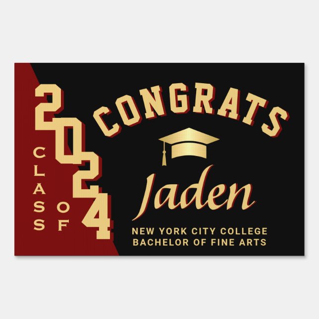 Modern Golden Red 2024 Graduation Banner Yard Sign (Front)
