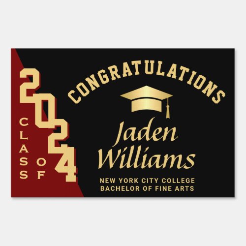 Modern Golden Red 2024 Graduation Banner Yard Sign