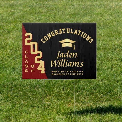 Modern Golden Red 2024 Graduation Banner Yard Sign