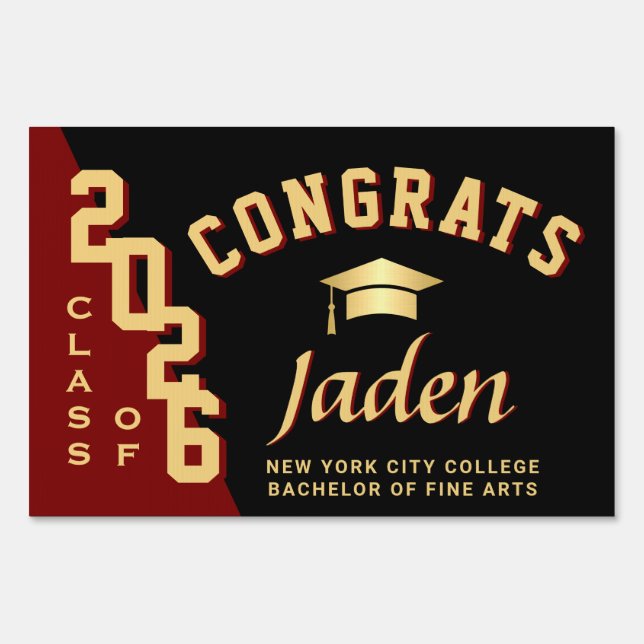 Modern Golden Red 2026 Graduation Banner Yard Sign (Front)